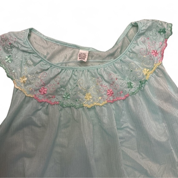 Vintage Nylon Nightgown Aqua Sheer Embroidered Floral Trim Medium USA - Picture 3 of 4
